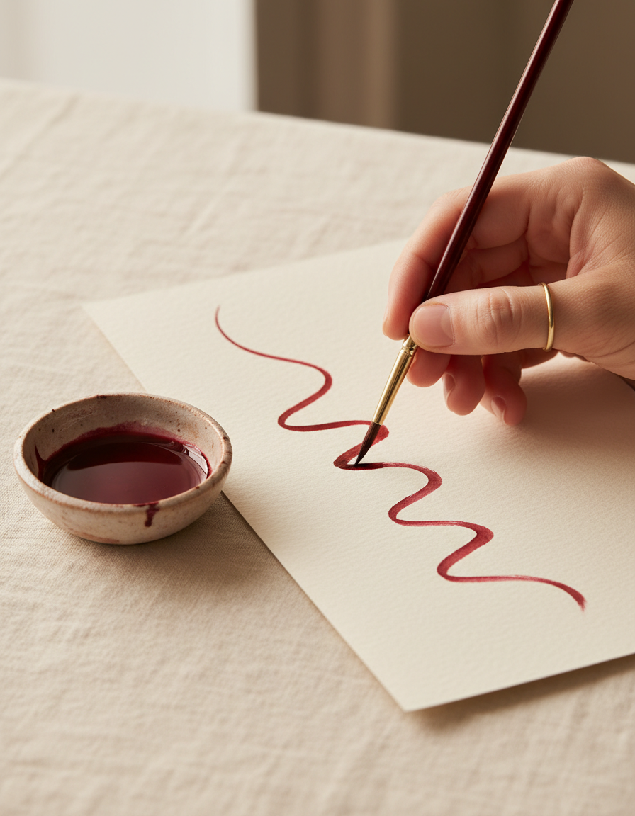 A hand painting a fluid oxblood brushstroke on cream paper beside a dish of red ink