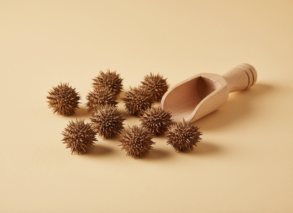Dried gokshura fruits with a wooden scoop