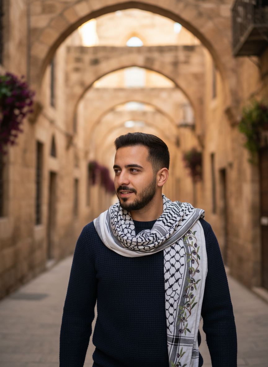 Man in a navy jumper with a keffiyeh over one shoulder in an old stone alley