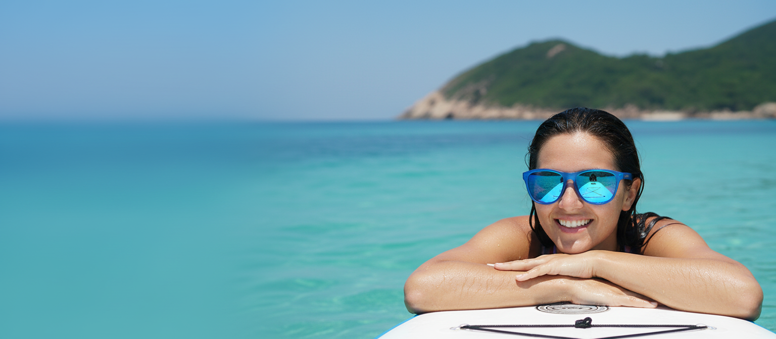 Smiling woman in blue floating sunglasses resting on a paddle board in clear turquoise water off the Hong Kong coast