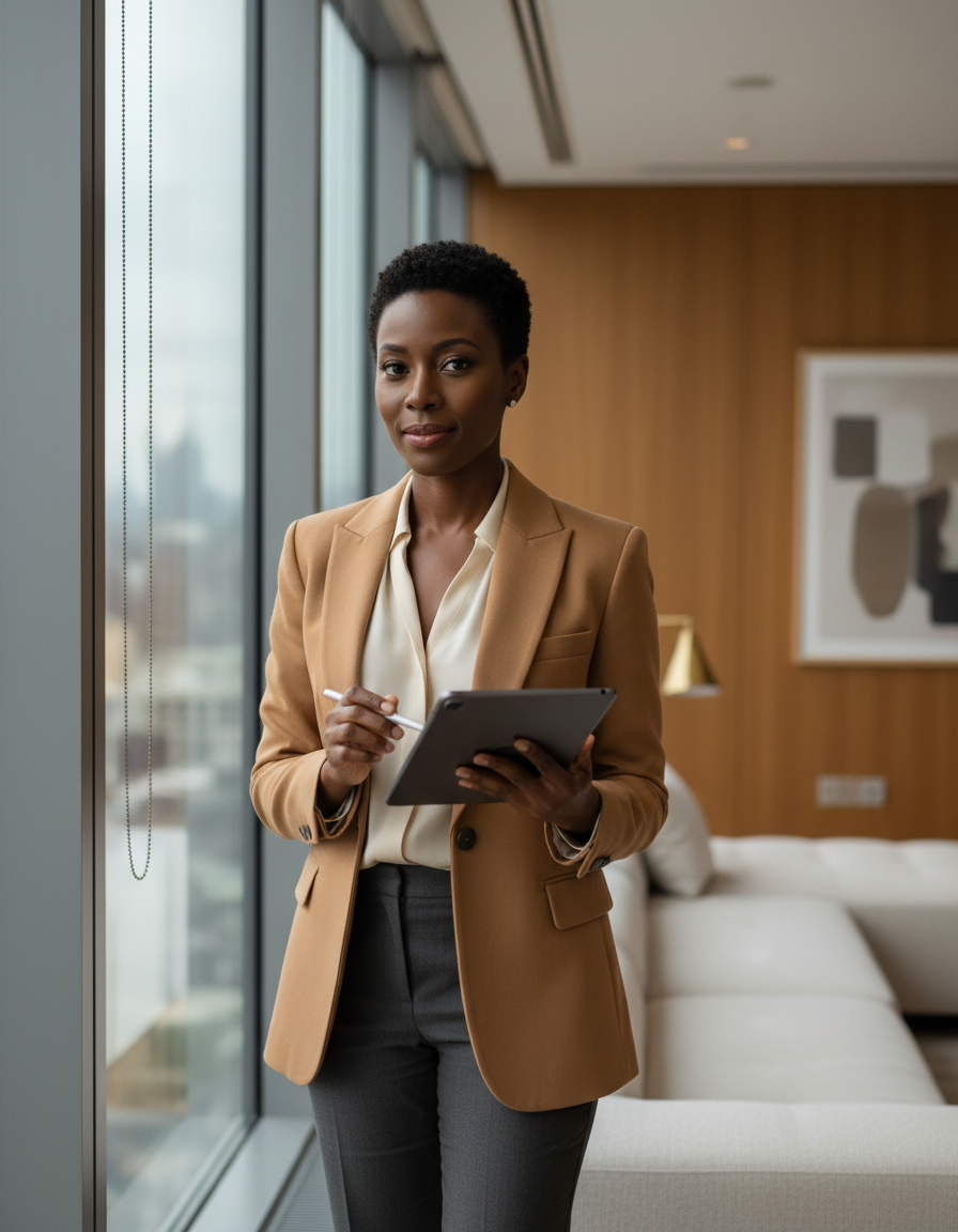 Black woman professional in a camel blazer holding a tablet by an office window, planning her career growth