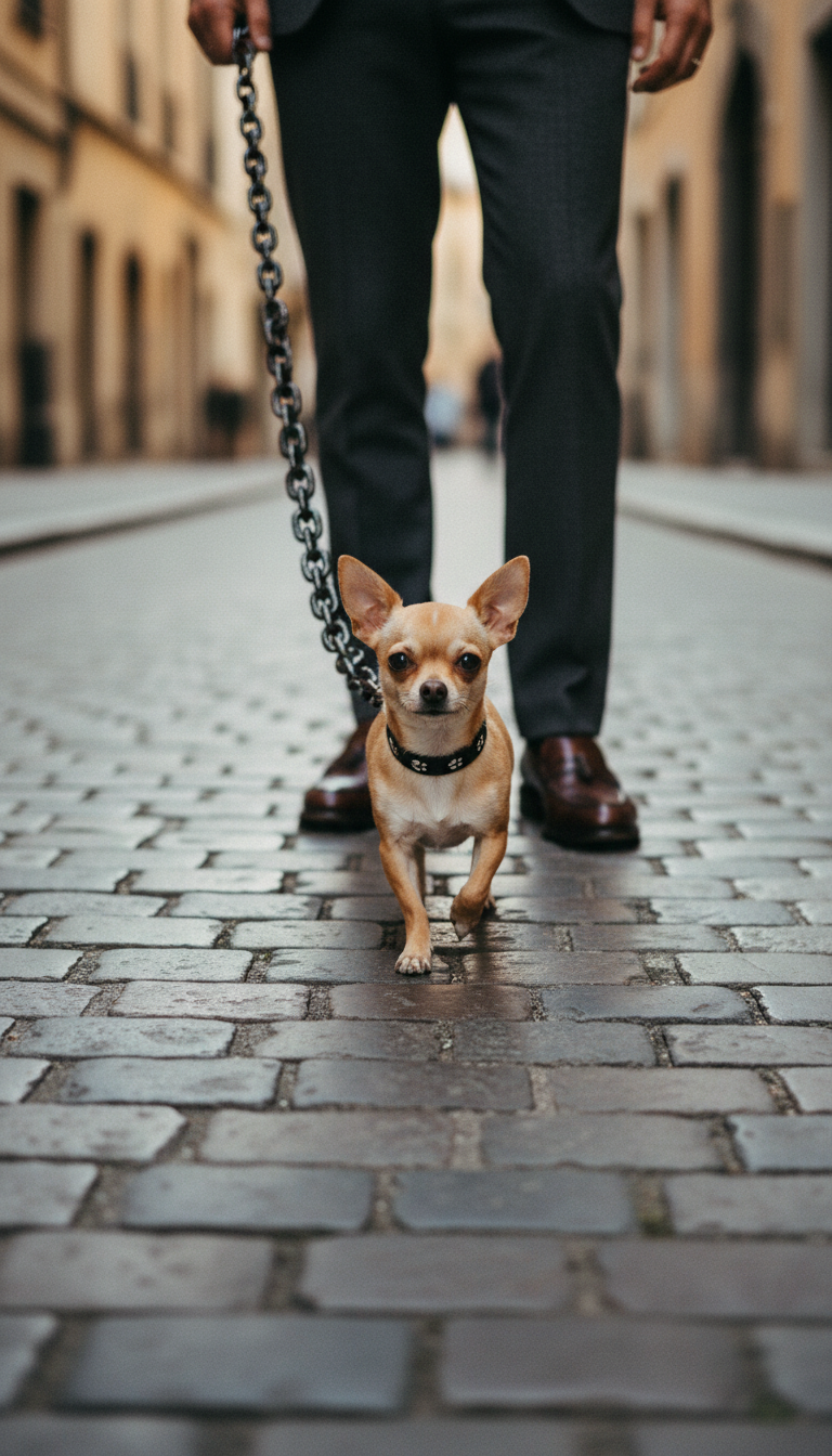 A small chihuahua walking on The Chain Leash down a cobblestone street