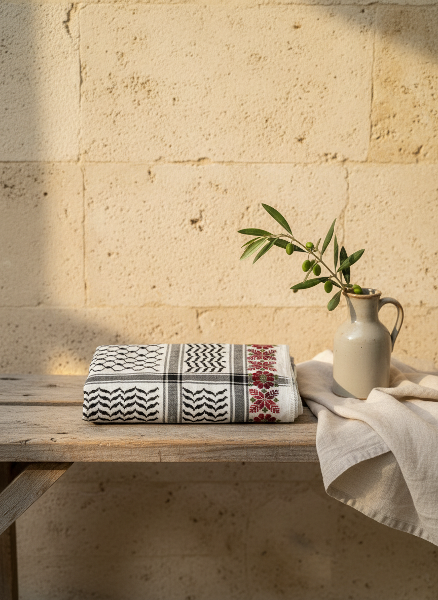 A tatreez-bordered keffiyeh folded on a wooden bench beside an olive branch