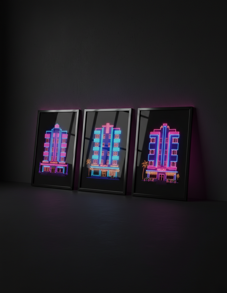 Framed neon Art Deco Miami prints leaning against a dark wall