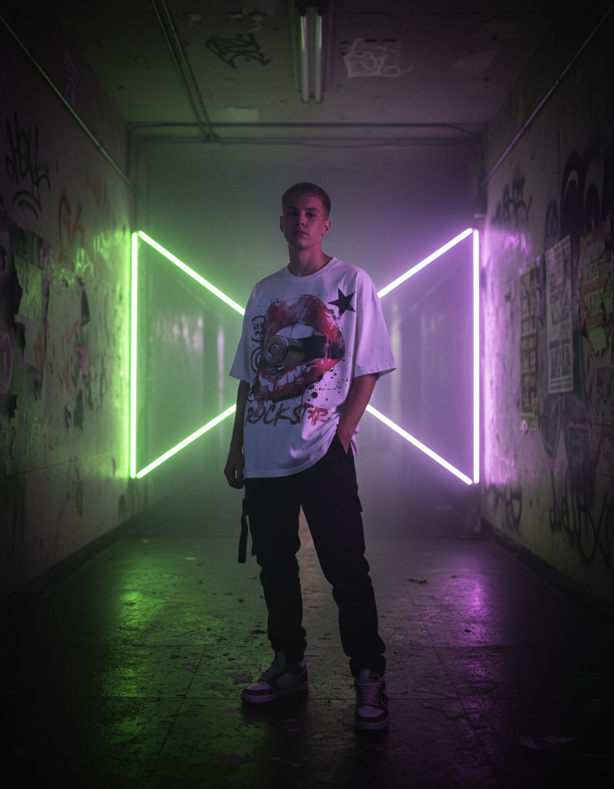 Model in the white Rockstar graphic tee in a neon-lit backstage hallway
