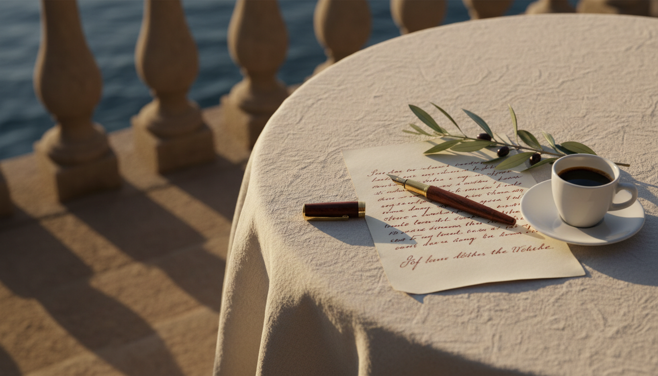 Handwritten letter in oxblood ink with a fountain pen and espresso on a sunlit linen-covered terrace table
