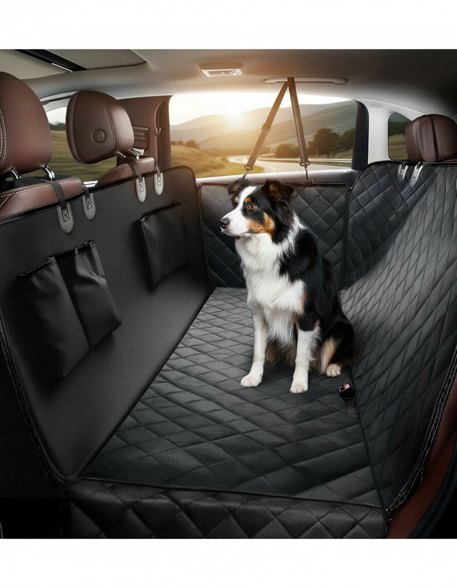 Border collie on a black quilted dog hammock looking out the car window