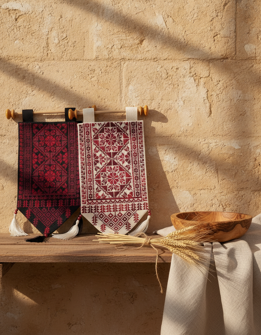 Embroidered tatreez piece on a wooden shelf beside an olive wood bowl