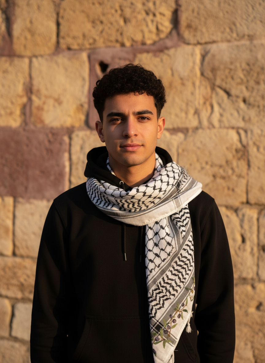 Man in a black hoodie wearing a keffiyeh with an olive border