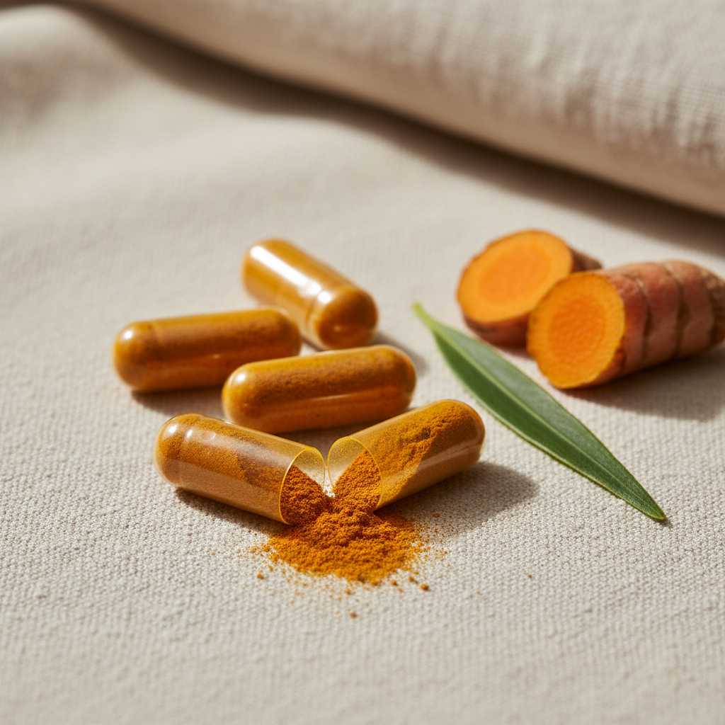 Translucent capsules filled with golden curcumin powder