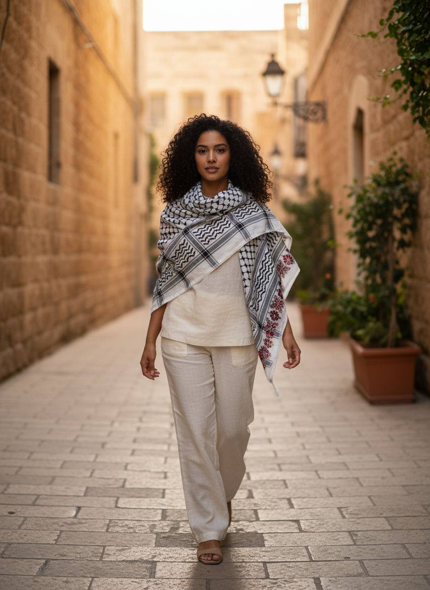 Woman walking through a stone alley wearing a tatreez-bordered keffiyeh