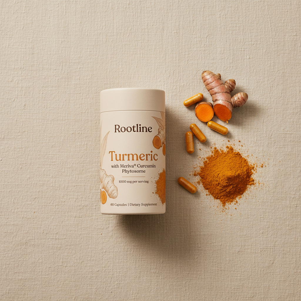 Flat lay of Rootline Turmeric with capsules, curcumin powder and turmeric root