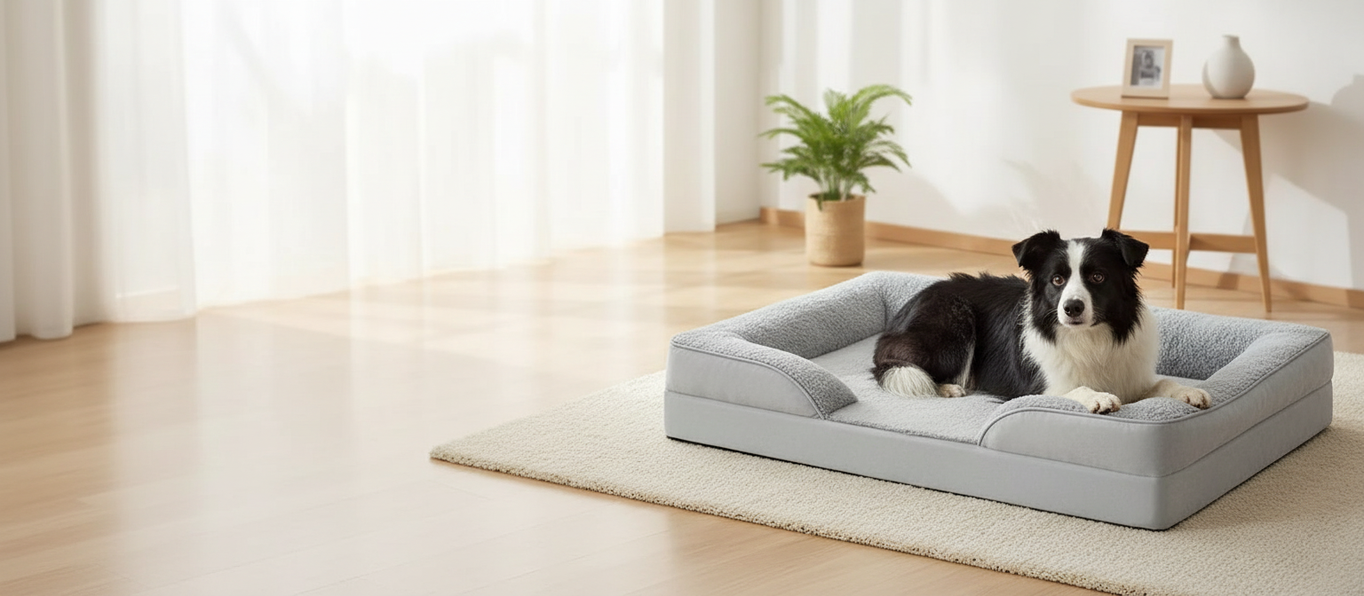 Border collie resting in a plush light-grey sofa pet bed in a sunlit living room