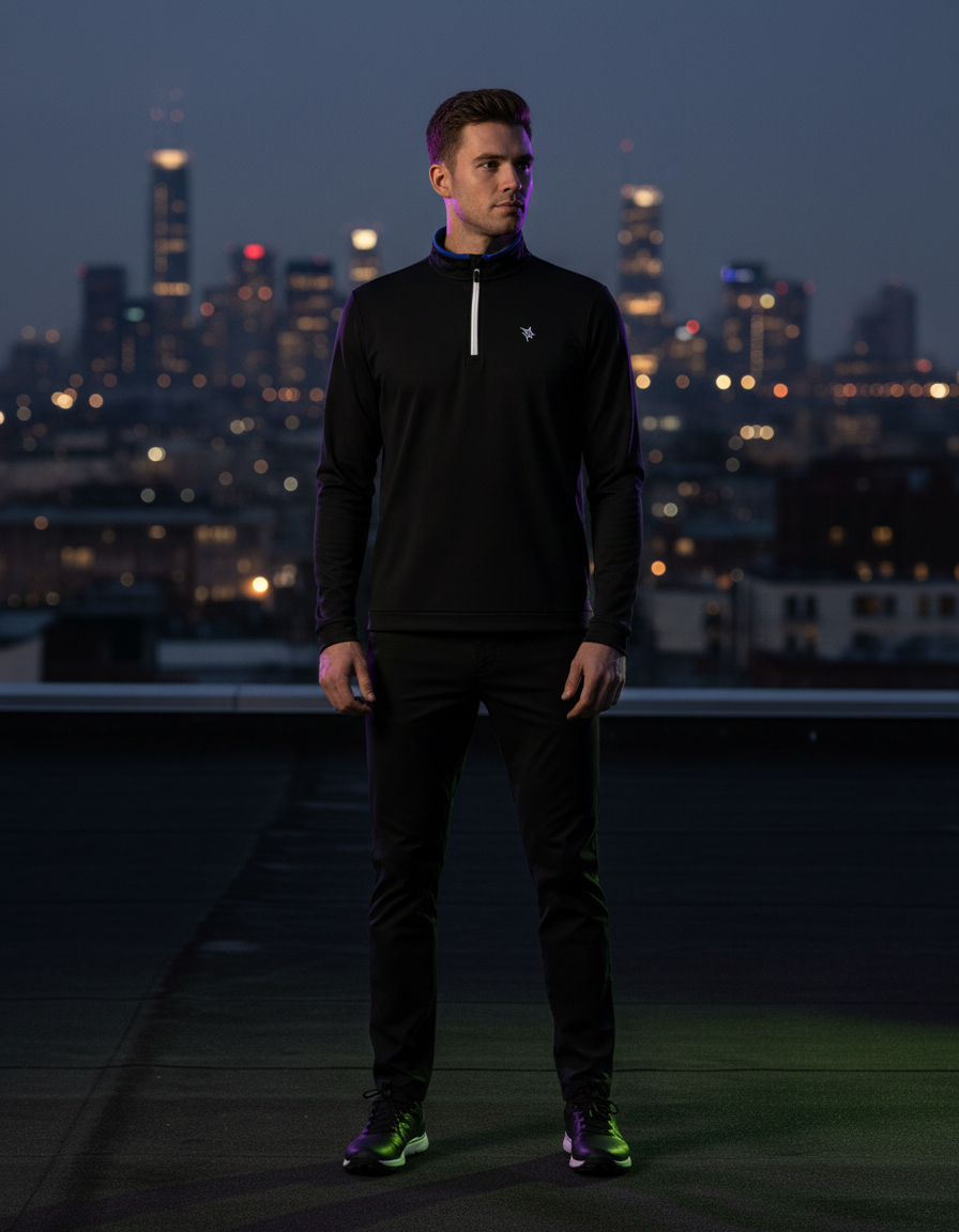 Model in the black Long Beach quarter zip on a city rooftop at dusk
