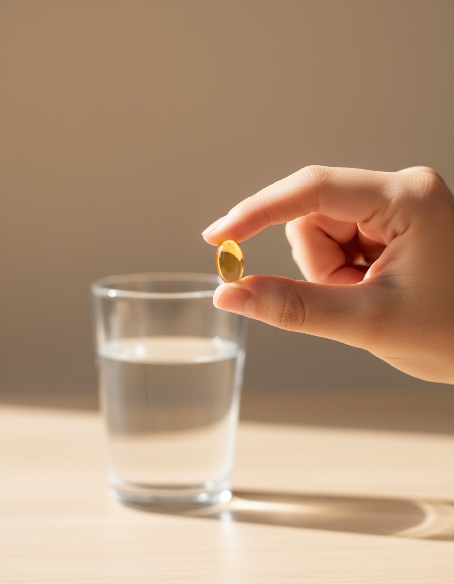 Hand holding a single orange-gold Rootline capsule beside a glass of water