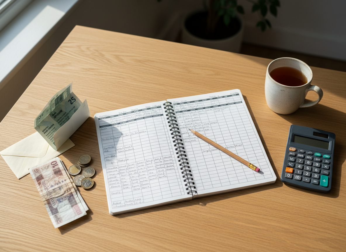 UK cost of living budgeting guide: monthly budget notebook, calculator, household bills and pound coins on a kitchen table