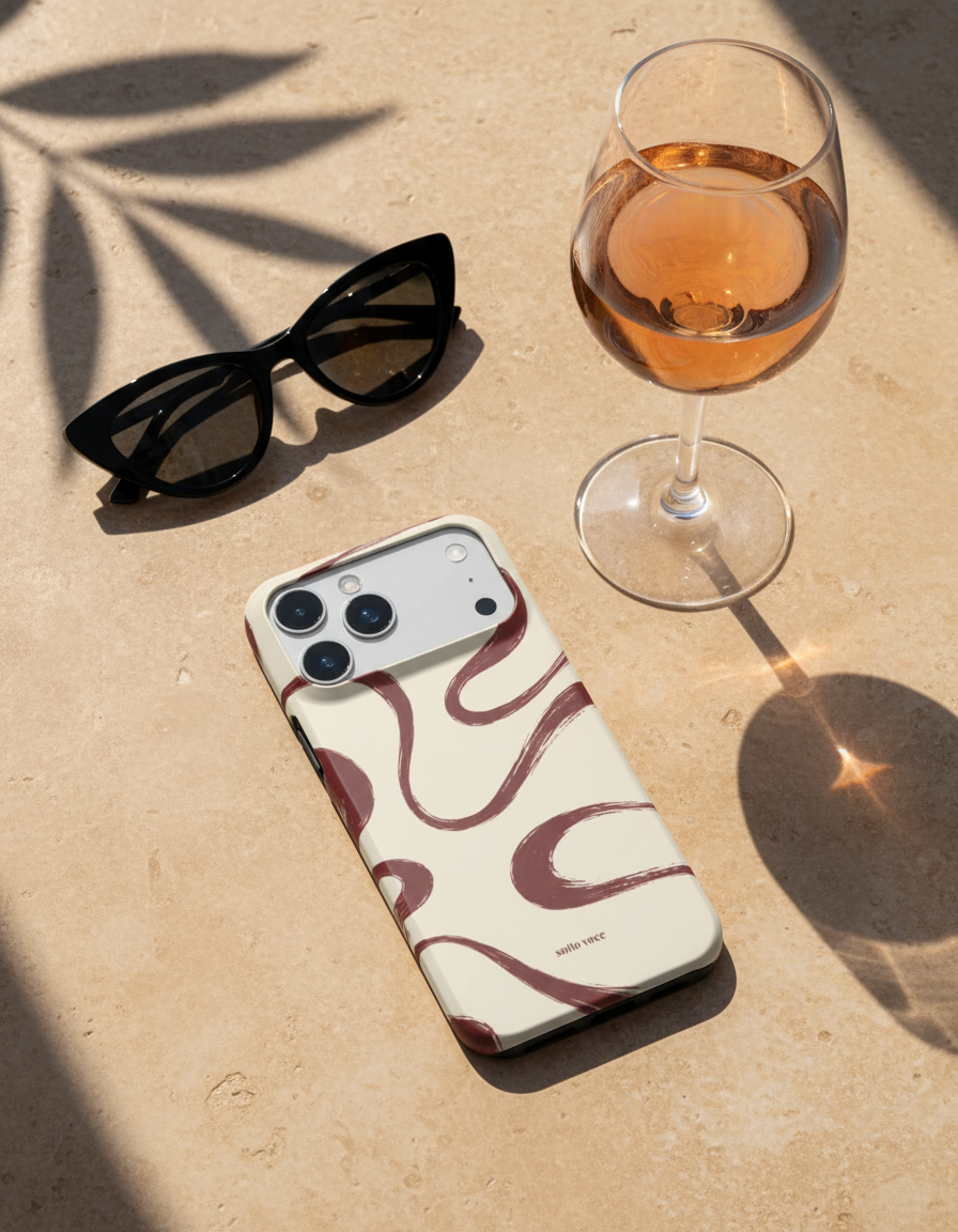 Cream sotto voce phone case with oxblood brushstrokes on sunlit travertine beside sunglasses and a glass of rosé