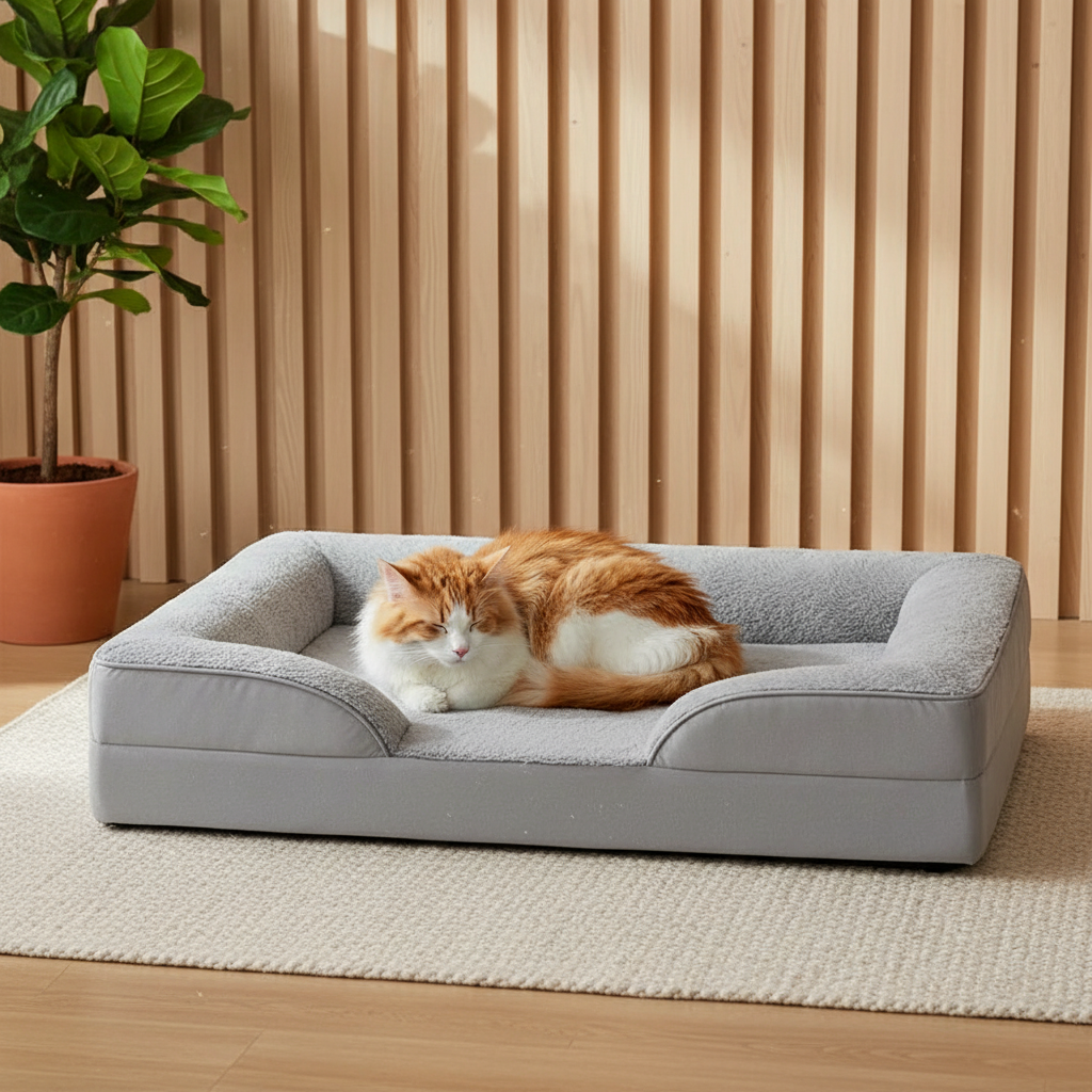 Fluffy cat curled up in a plush grey sofa pet bed beside a slatted wooden wall
