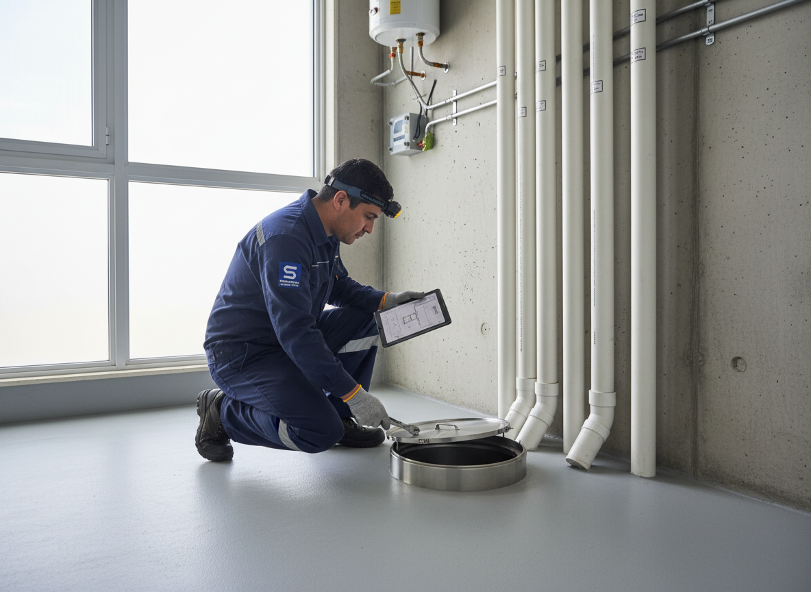 Técnico realizando mantención de cañerías verticales en un edificio