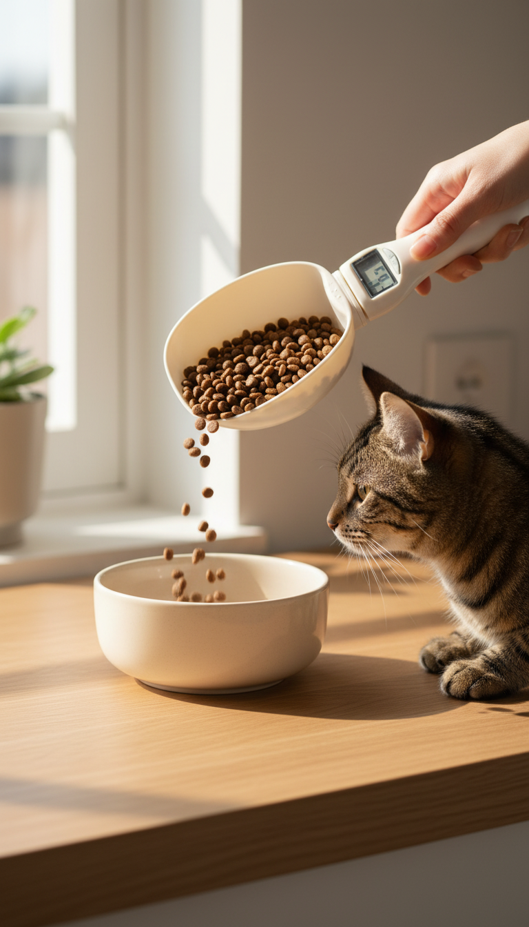 Smart weighing food scoop over a pet bowl with a tabby cat nearby