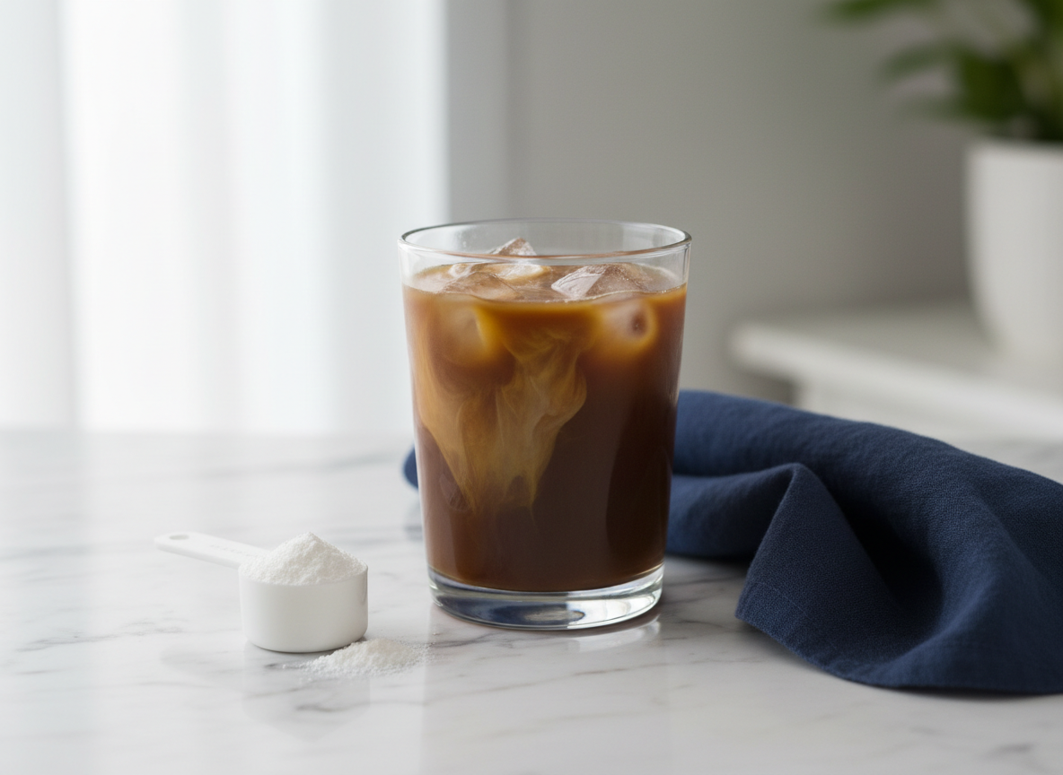 Iced coffee with milk on a marble counter beside a scoop of unflavored powder