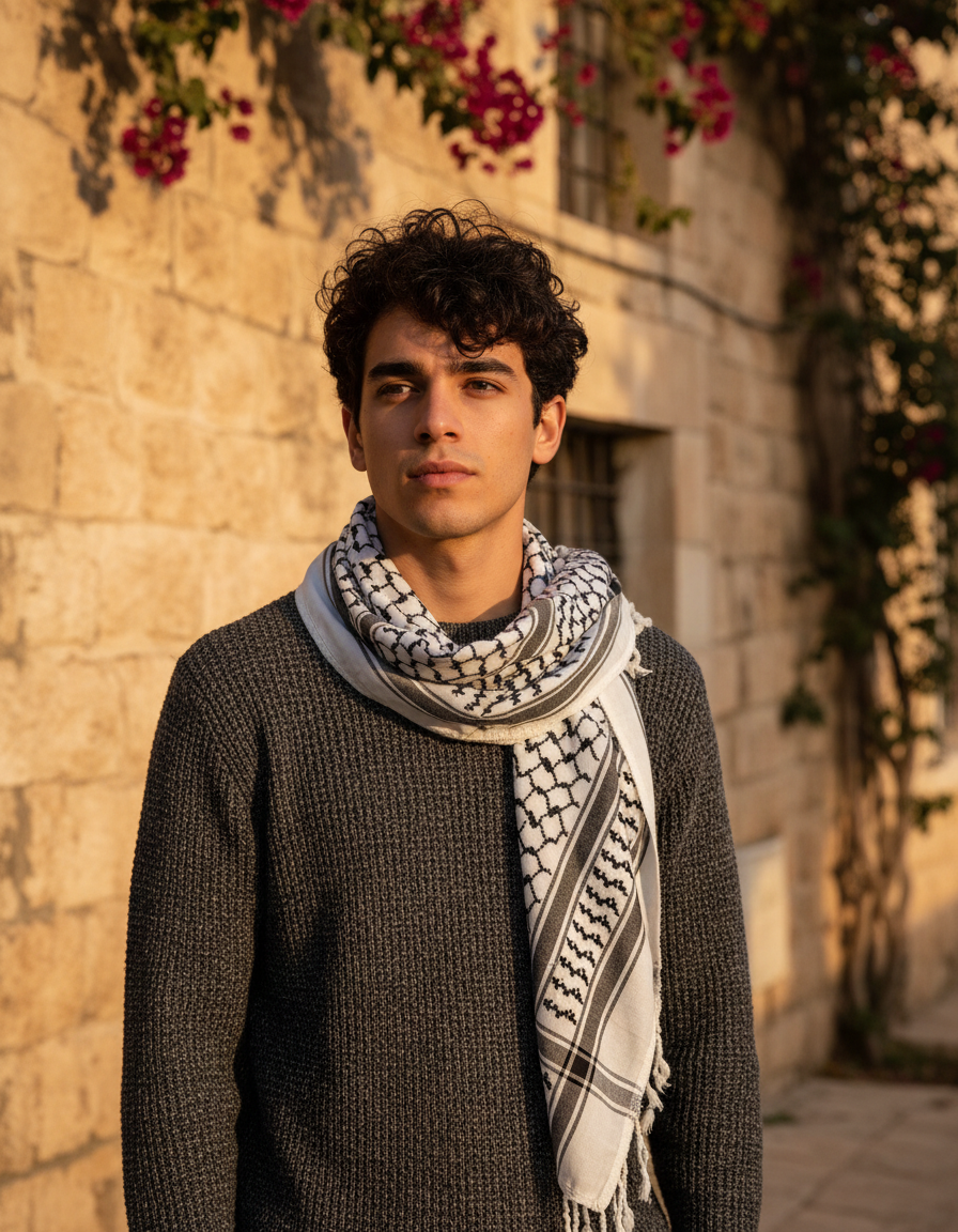 Man wearing a keffiyeh with an olive border against a sunlit stone wall