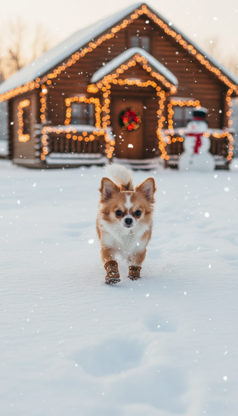 Chihuahua wearing coffee-brown plush snow boots in the snow before a Christmas-lit cabin and a snowman