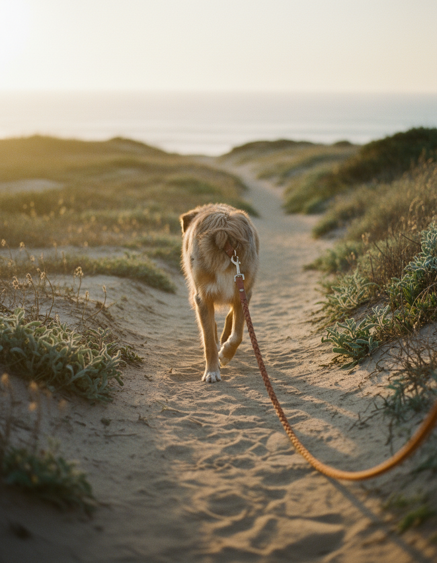 A dog walking on a leash along a coastal path at golden hour