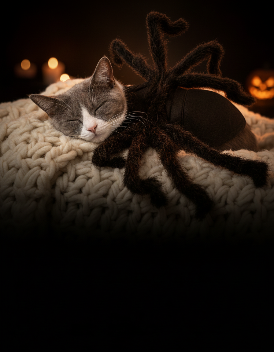 Cat dozing on a cream knitted blanket in a soft plush Halloween costume