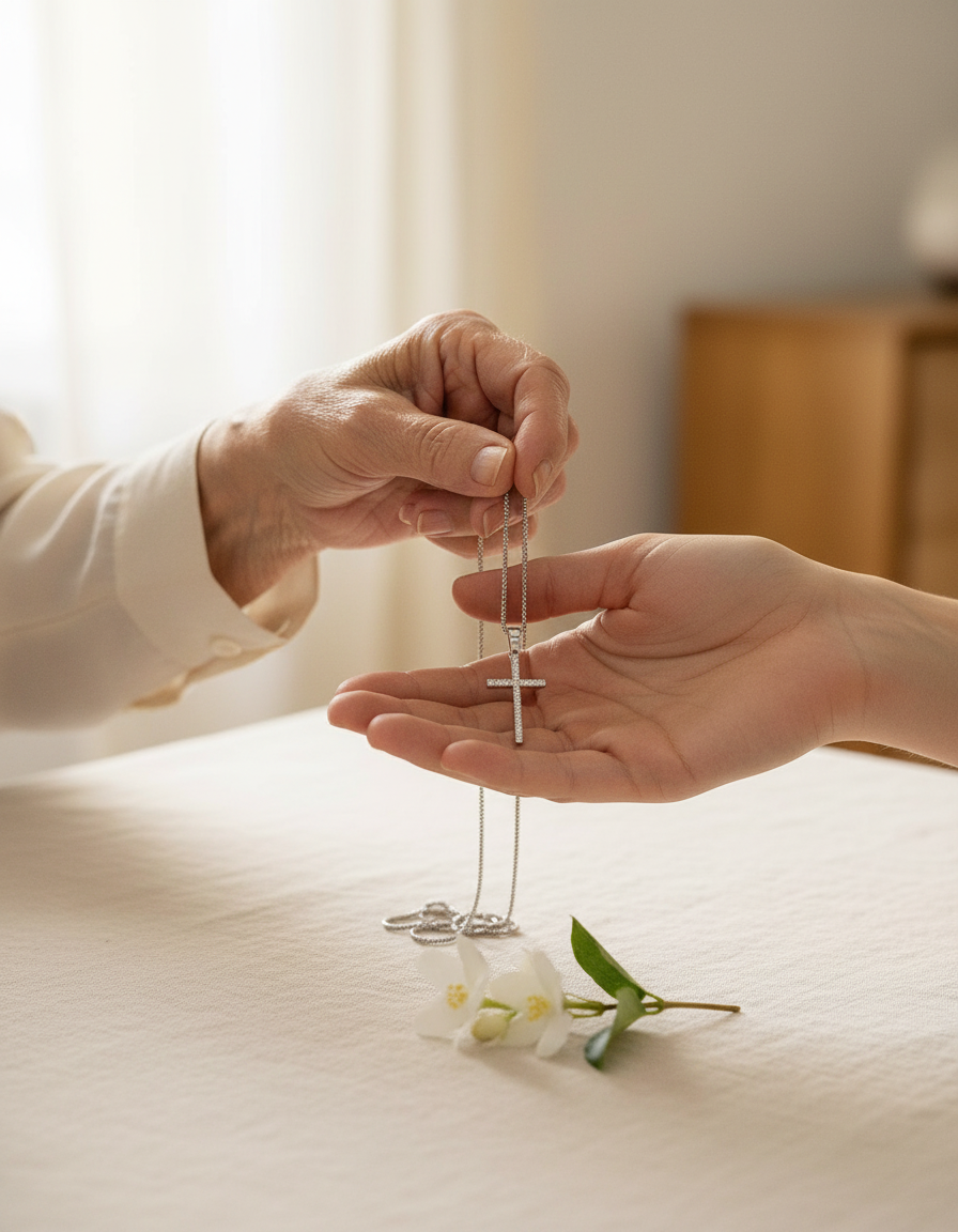 An older hand passing a delicate cross pendant necklace to a younger hand over an ivory linen table with white flowers