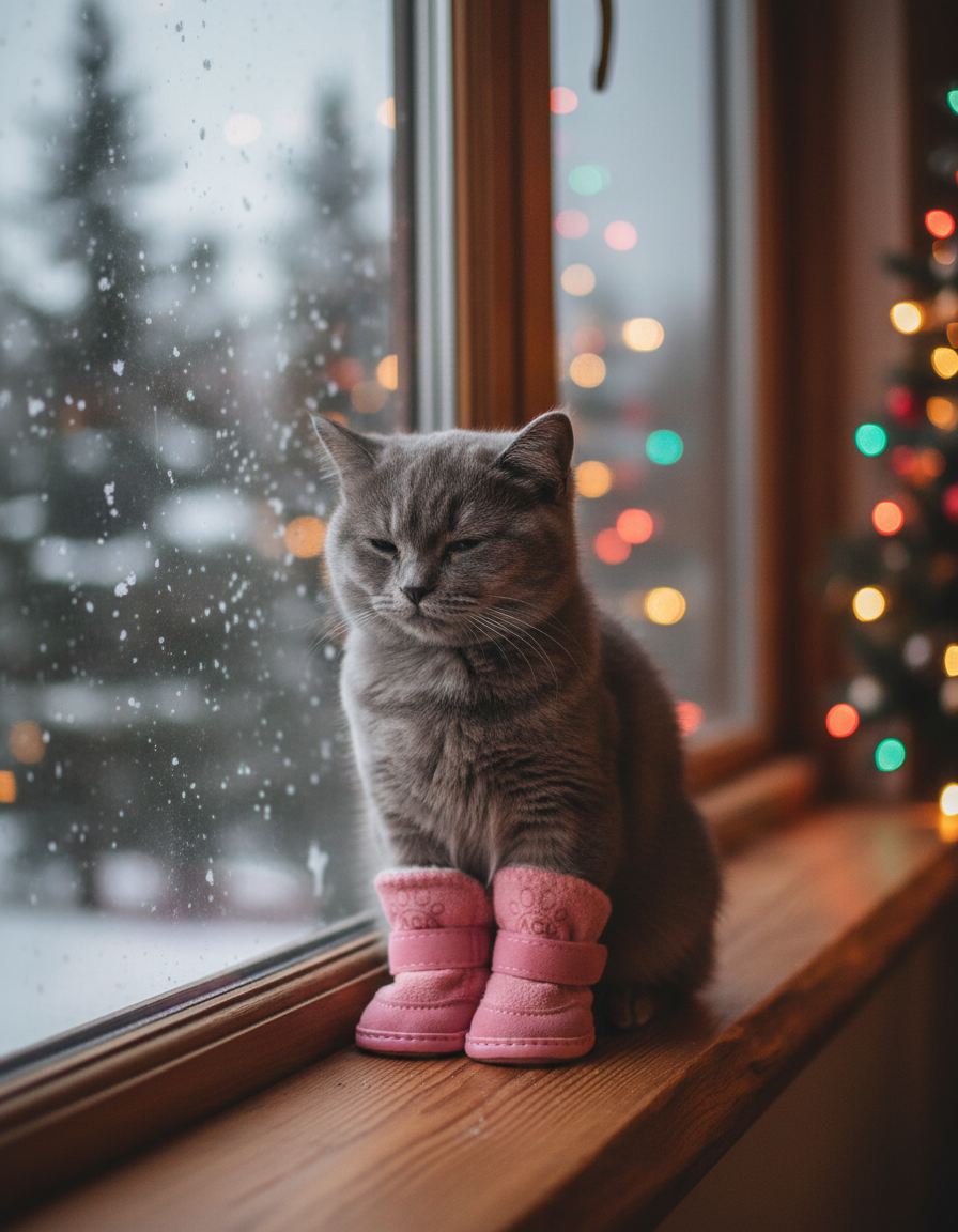 Small cat on a snowy windowsill wearing pink plush boots