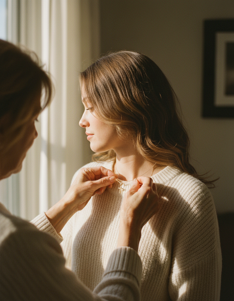 An older woman gently fastening a fine gold cross necklace around a young woman's neck in soft window light