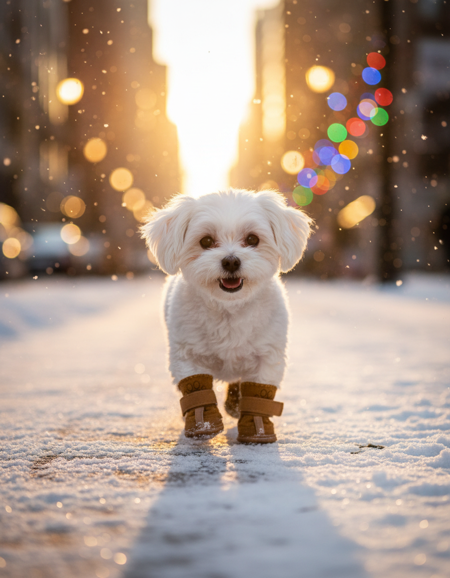 A happy little Maltese walking confidently on a snowy sidewalk in coffee plush boots