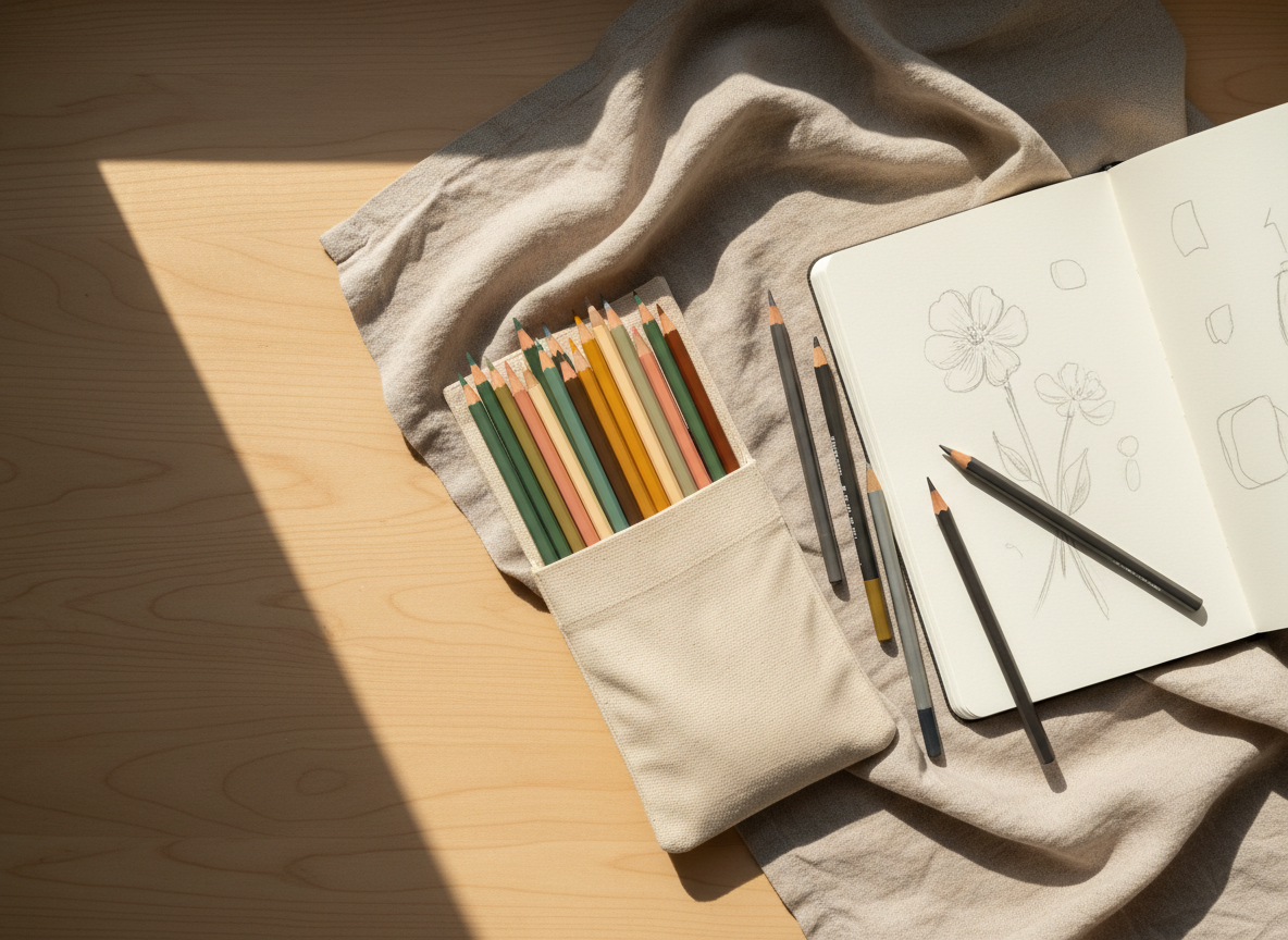 Colored and sketching pencils beside an open sketchbook