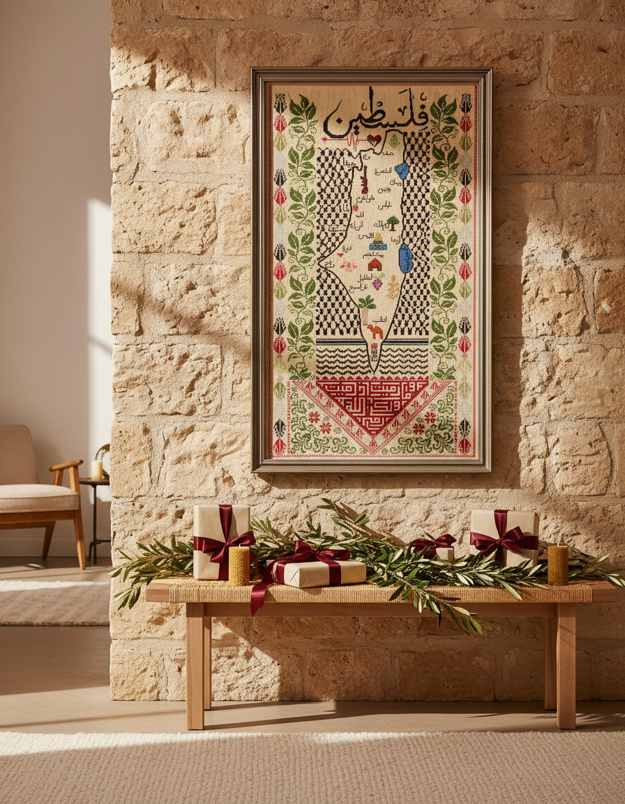 The tatreez map of Palestine wall hanging above a bench of wrapped Christmas gifts and candles