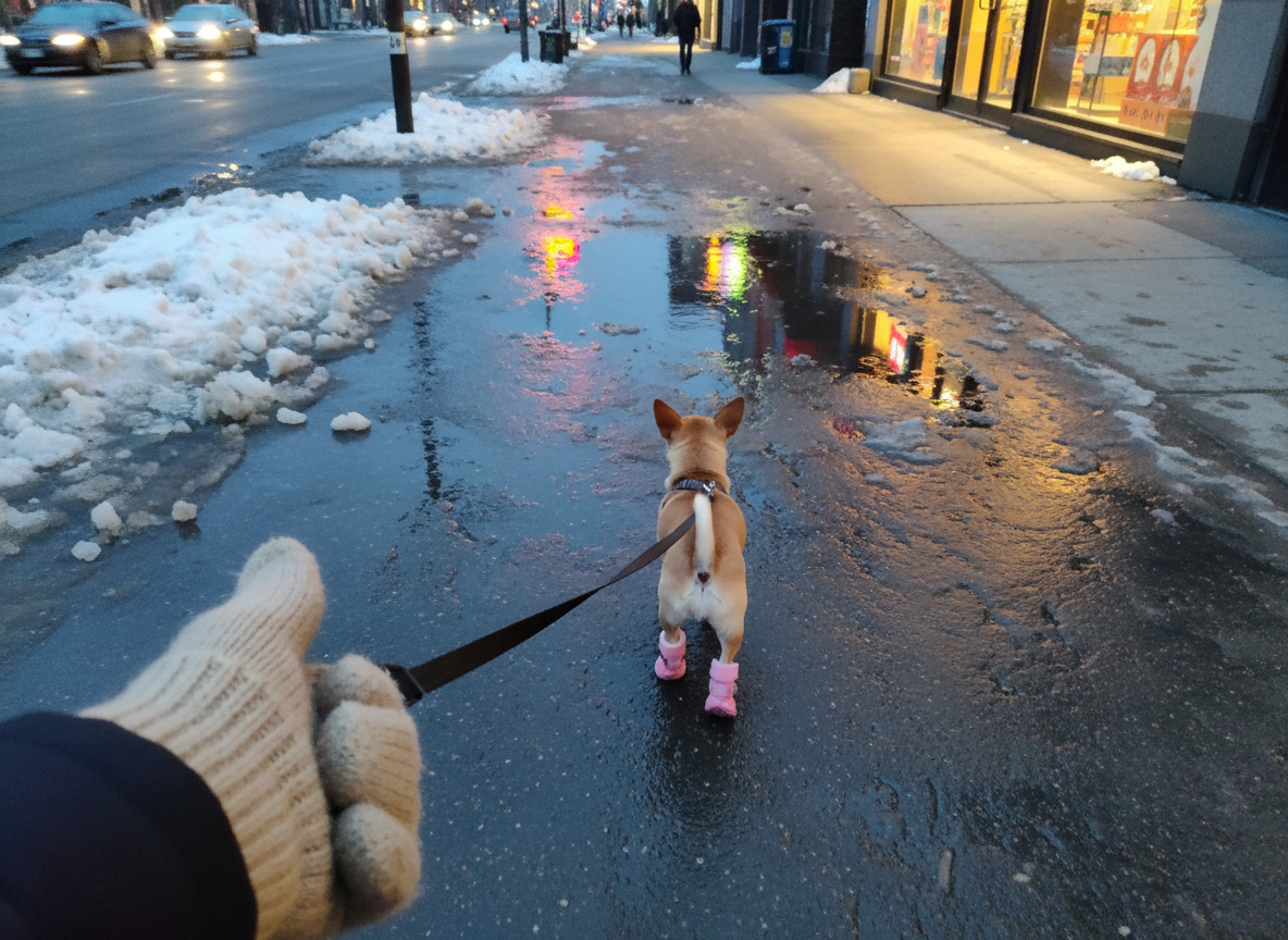 A Chihuahua in pink plush boots walking on a wet, slushy city sidewalk at dusk