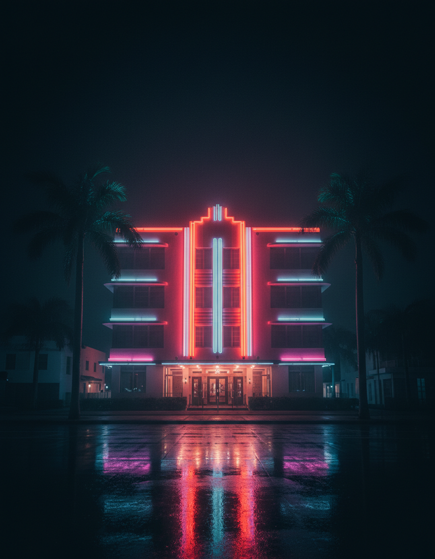 Neon Art Deco hotel facade under a Miami night sky