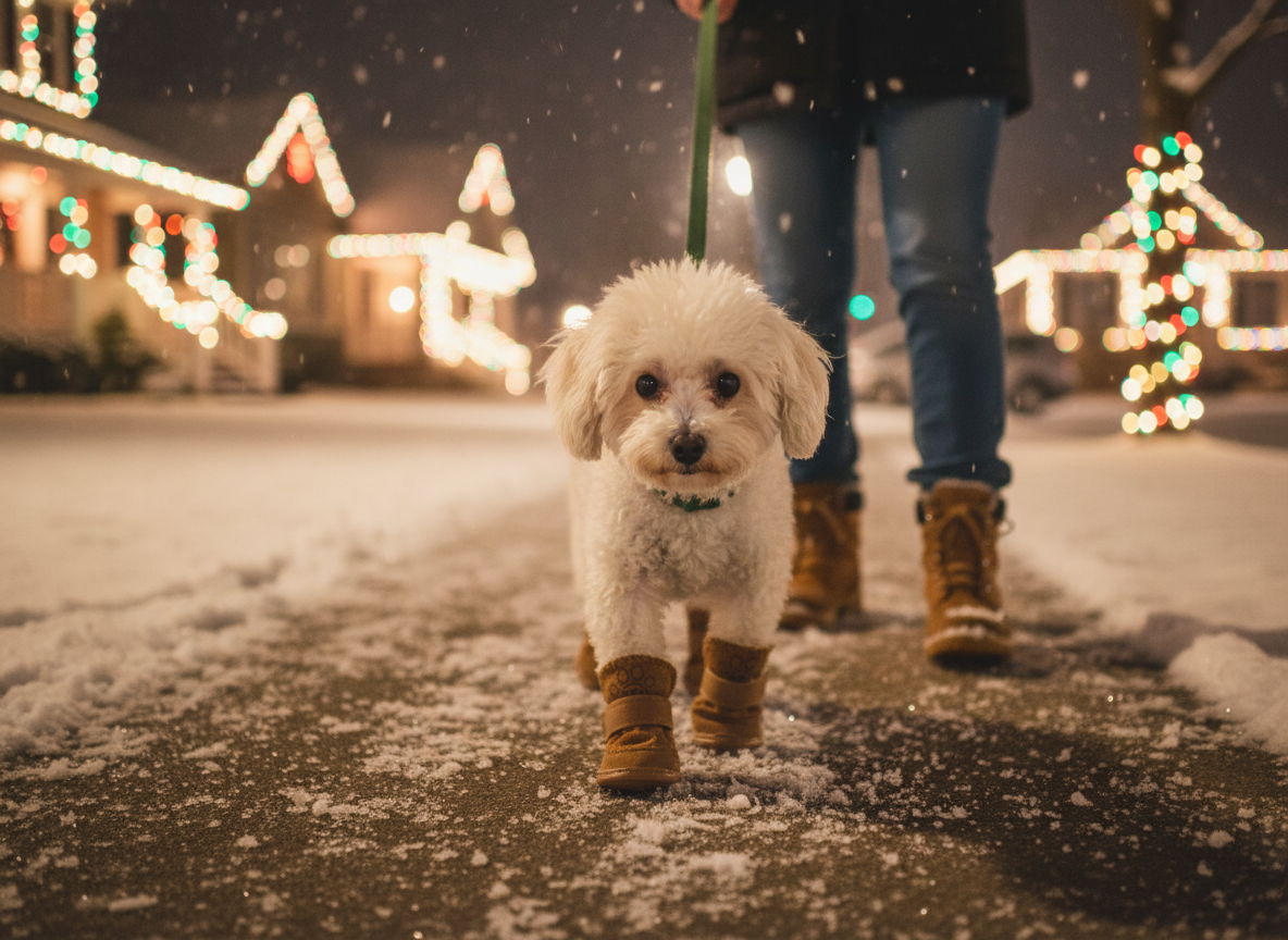 Low-angle night shot of a white toy poodle in coffee plush boots walking toward the camera on a snowy sidewalk, Christmas-lit houses behind