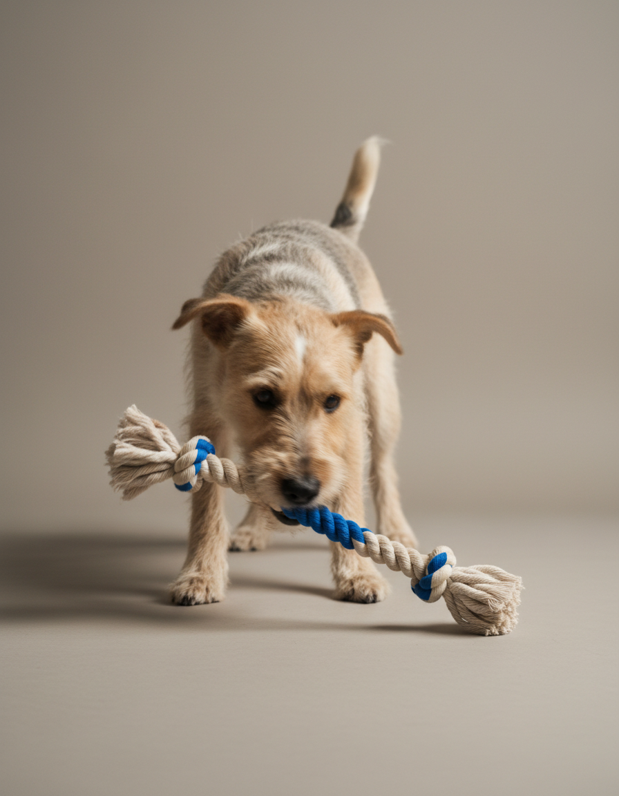 A dog playing with a rope toy in a bright studio