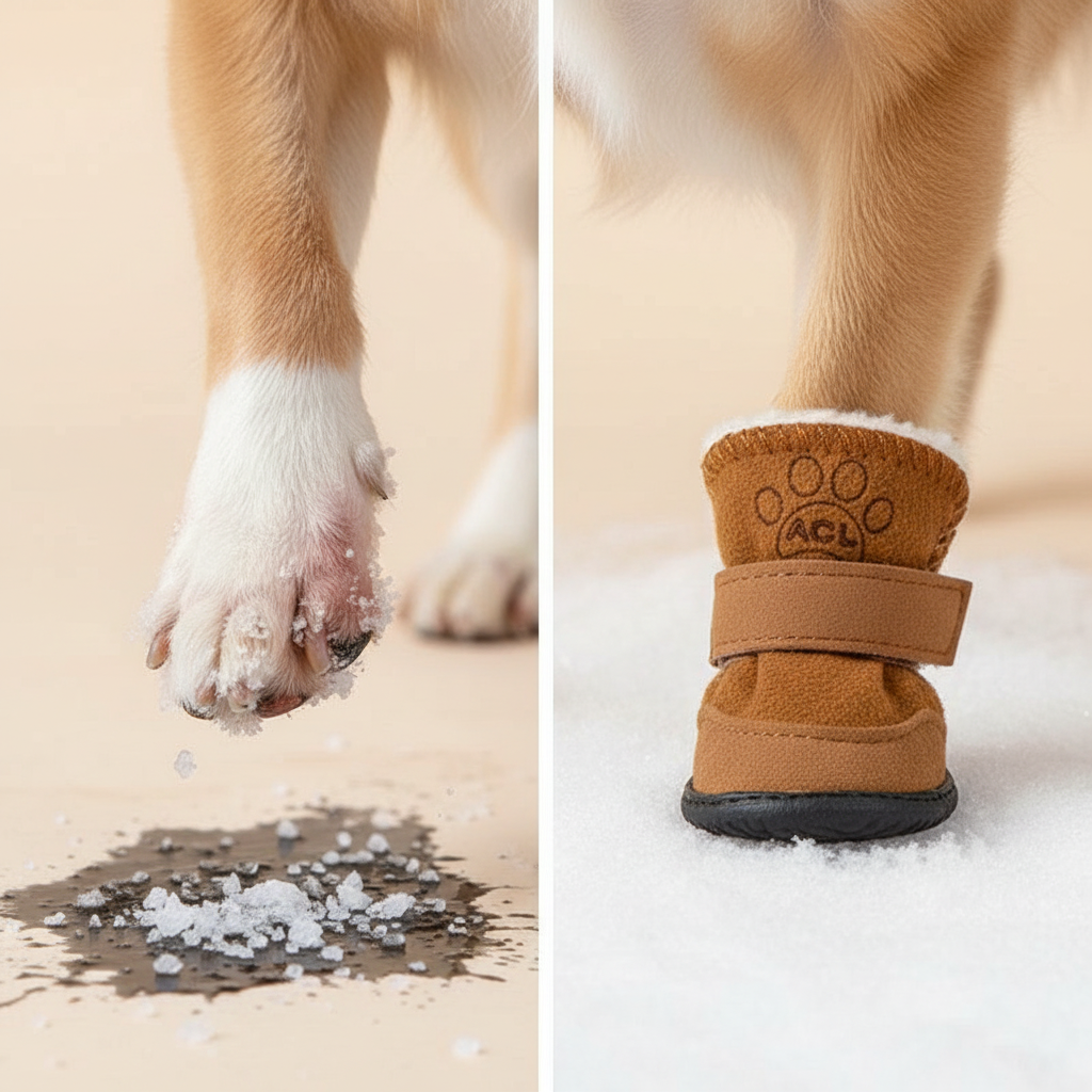 Side-by-side comparison: a bare dog paw irritated and red from road salt next to a paw protected by a coffee-brown plush snow boot