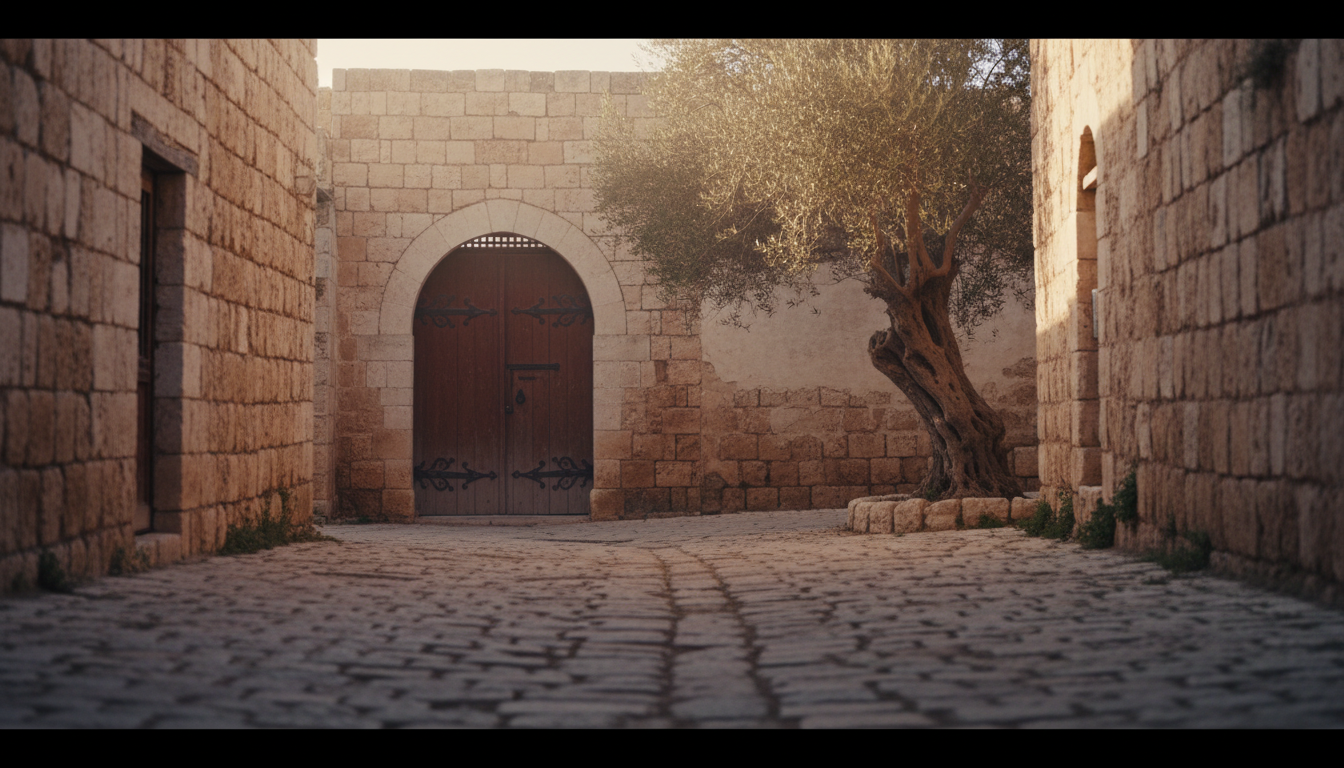 Sunlit limestone street with an arched doorway and an olive tree in a Palestinian village