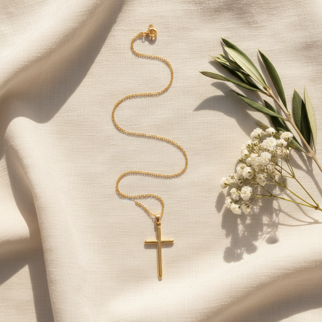 A fine gold cross necklace laid on ivory linen beside white flowers and an olive sprig
