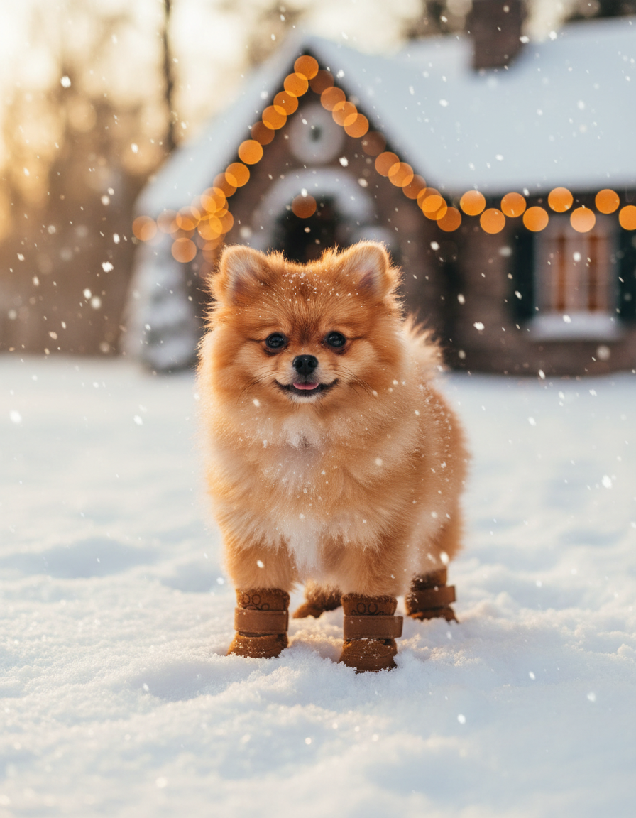 Fluffy Pomeranian puppy standing in fresh snow wearing coffee-brown Cozy Paws boots