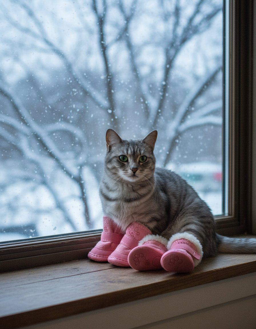 Grey cat in pink plush boots on a windowsill with snow falling outside