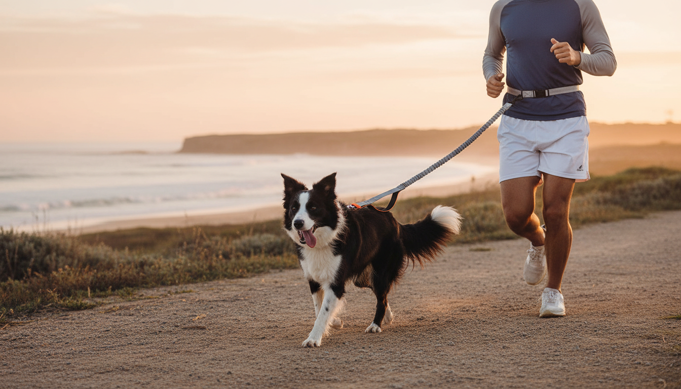 A happy border collie running beside its owner on the Pawrora running leash at sunrise