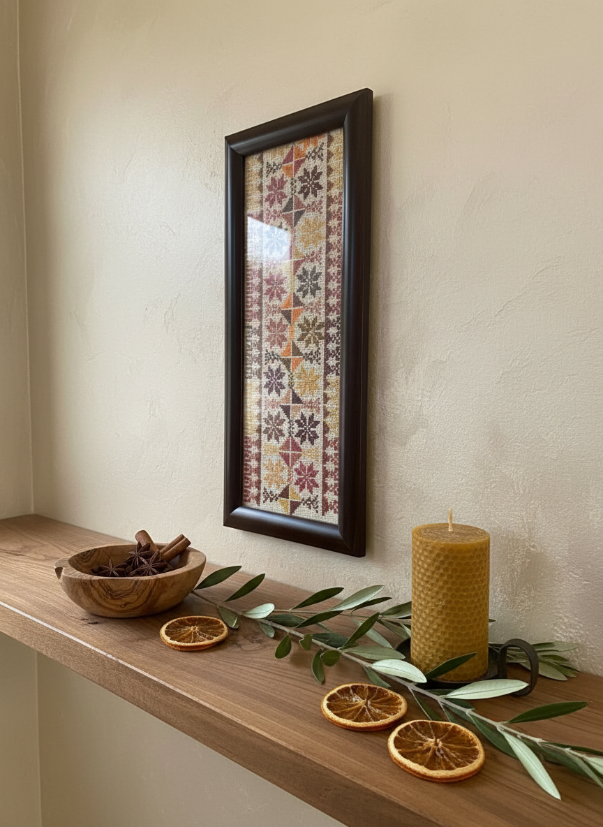 Framed tatreez art on a shelf styled with a candle, an olive wood bowl and olive leaves