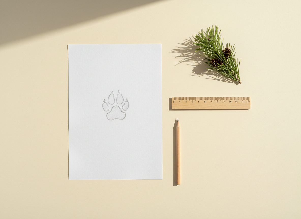Paw print traced on paper with a ruler and pencil