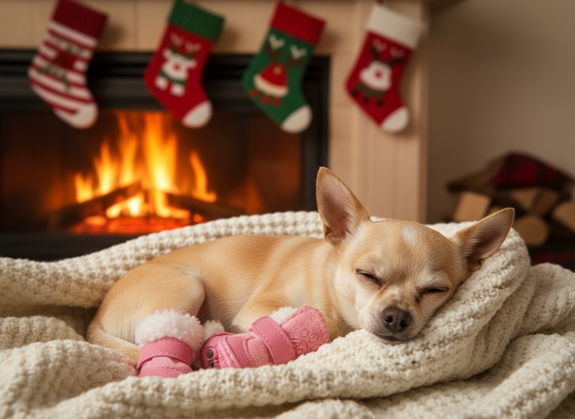 Chihuahua asleep on a cream knit blanket by the fireplace in pink plush boots