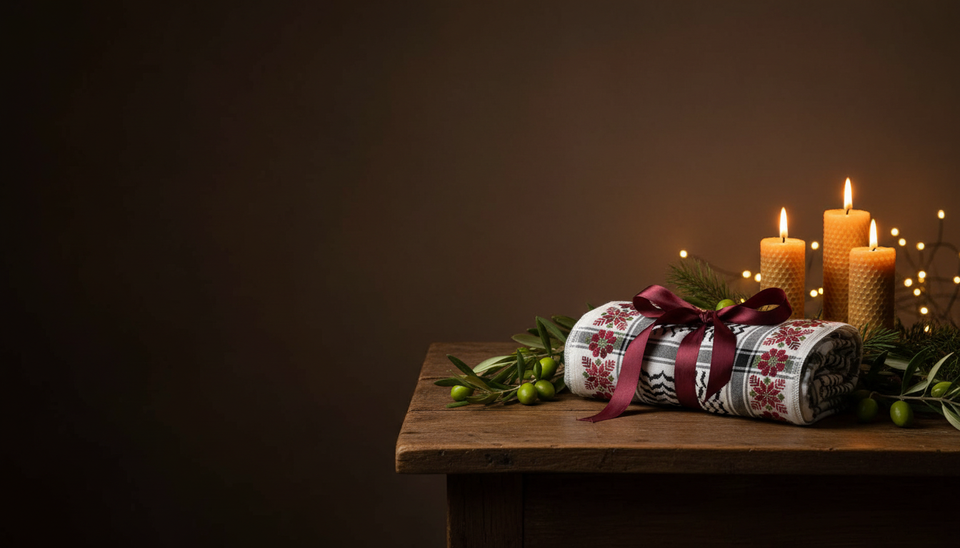 A tatreez keffiyeh tied with a burgundy ribbon as a gift on a wooden table, beside lit beeswax candles, olive branches and twinkling lights