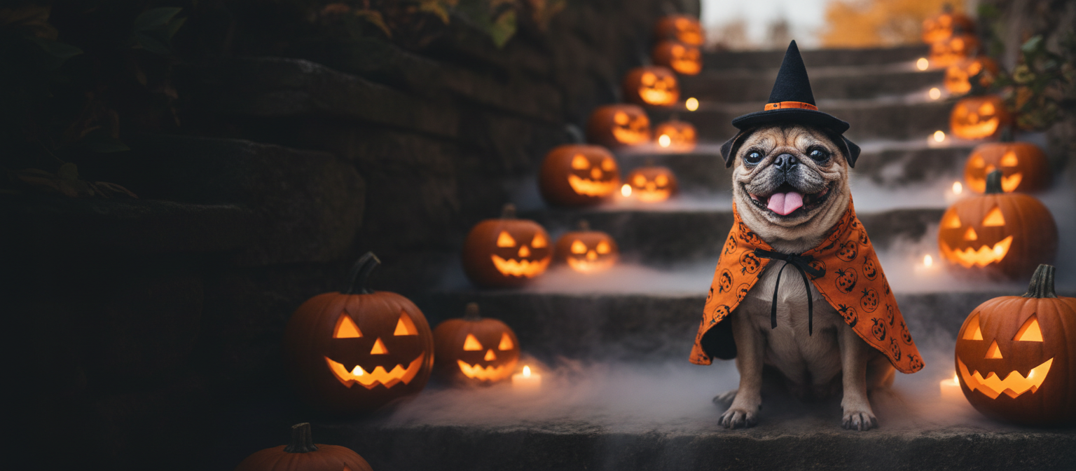 A happy smiling pug in a pumpkin-print witch cape and hat, sitting on misty stone steps among glowing jack-o'-lanterns